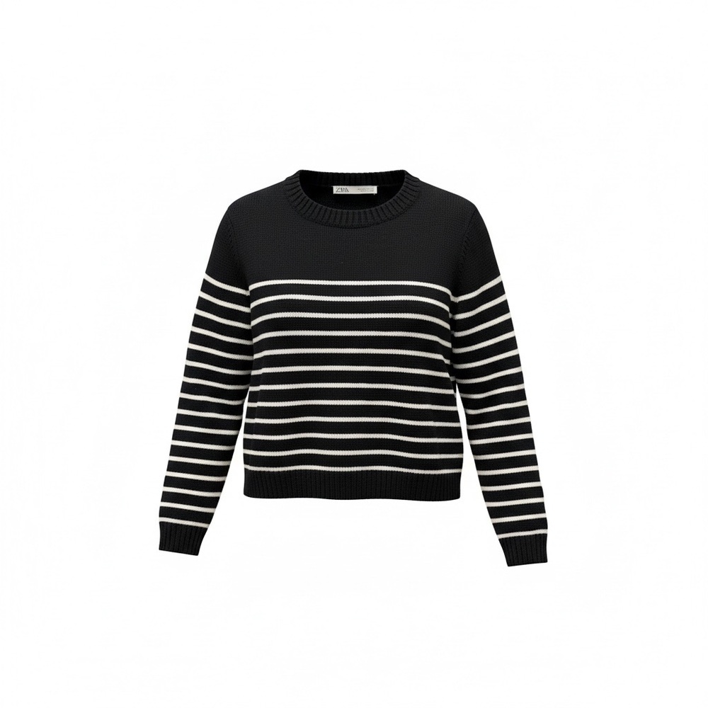 ZARA Timeless Navy & White Striped Crewneck Sweater from Zara